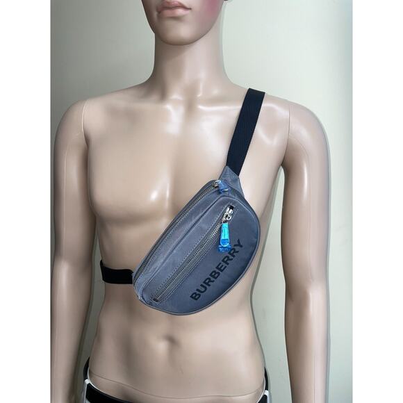 $760 BURBERRY CANNON CHARCOAL GRAY NYLON BLACK LOGO ZIP FANNY PACK BELT BUM BAG - Picture 4 of 15